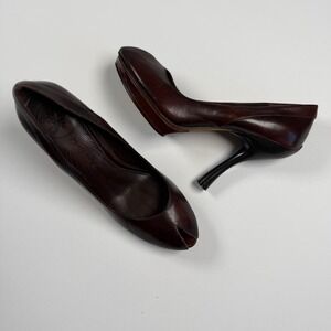 Modern Vintage Leather Peep Toe Platform Heels Brown Stiletto Pumps Size 7‎